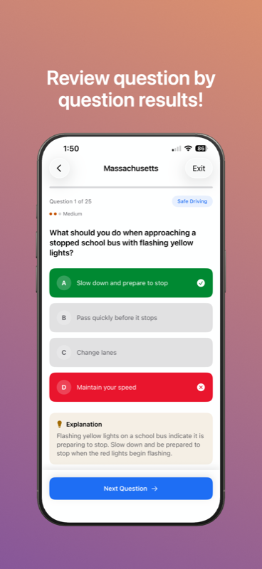 Real-time feedback showing correct and incorrect answers with explanations